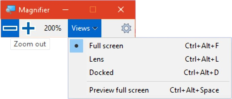 Screenshot of windows magnifier: 200% full screen is selected