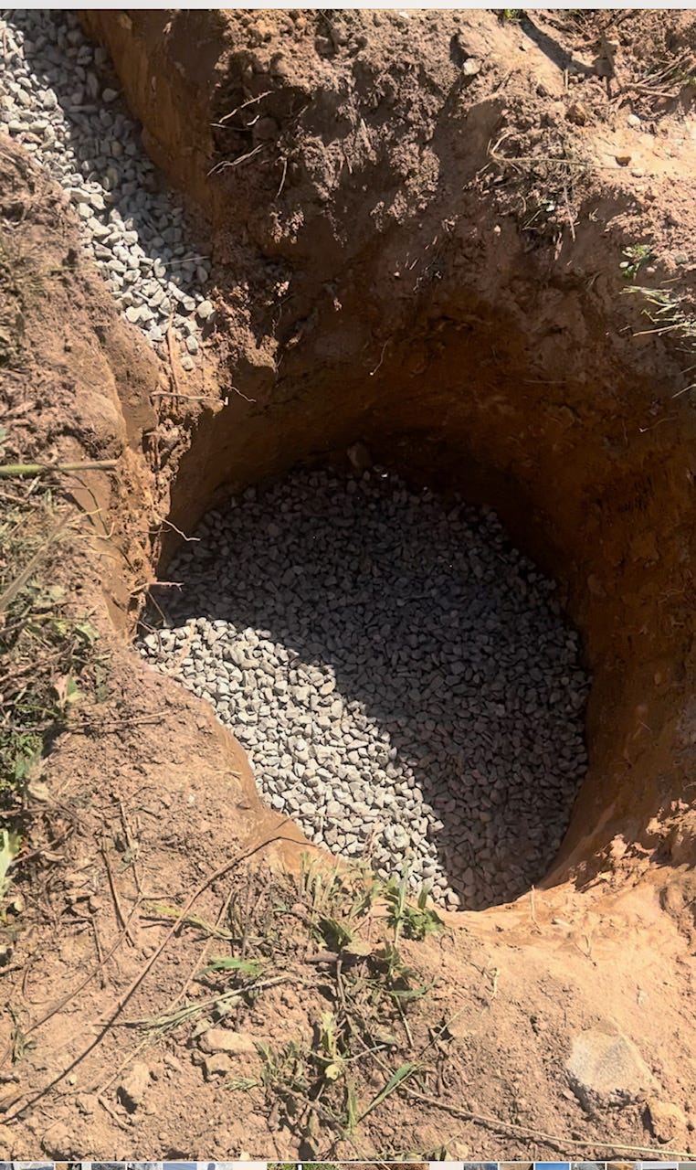 here we dig the area for water catch, put gravel, cover the water catch with fabric and then put in in this dug up area and surround it with gravel