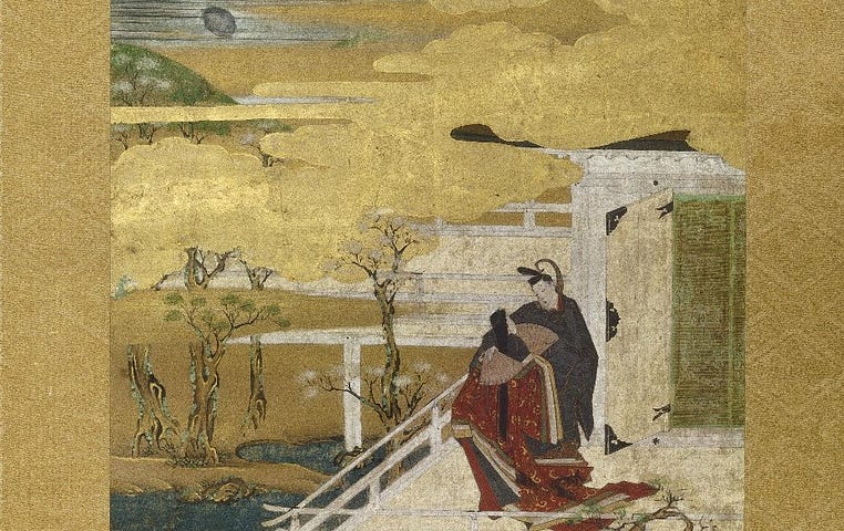 Gold leaf painting of Prince Genji, a character in the novel Tale of Genji, approaching a lover on a balcony.