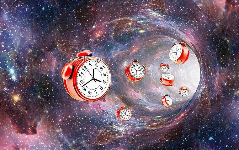 Clocks falling through a portal in space.