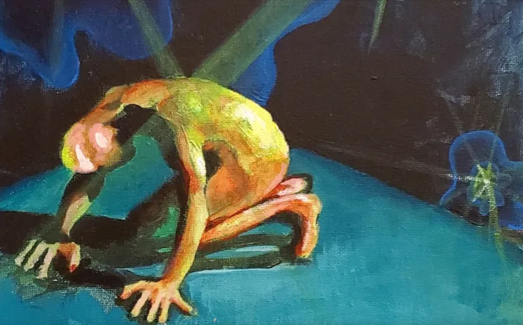 A painting of someone on their knees, head down, hands on floor expressing grief.