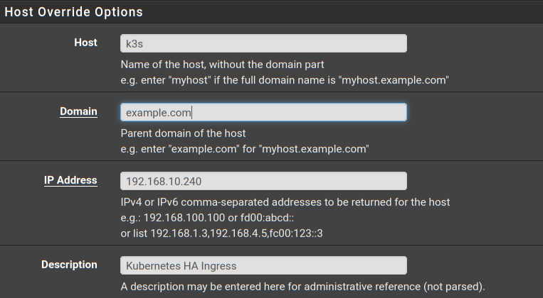 Host Override Options form from pfSense populated with sample data.