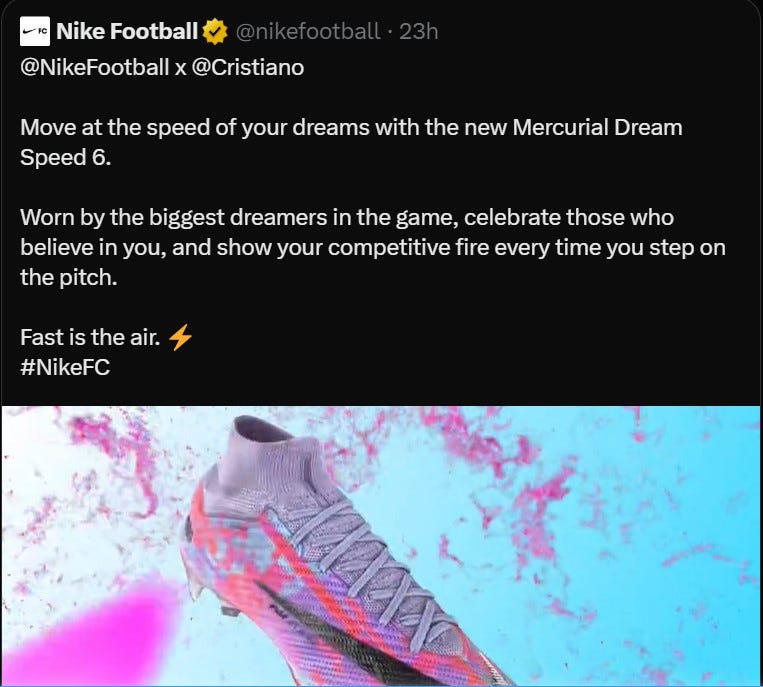 Nike’s Football page posting a collaboration product with Cristiano Ronaldo