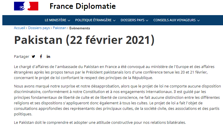 Bernard Grua, Paris proteste après des accusations du Pakistan sur l’islam en France