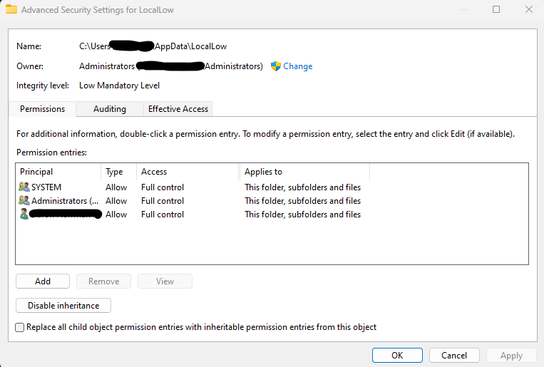 A screenshot of the advanced security settings for the AppData\LocalLow folder