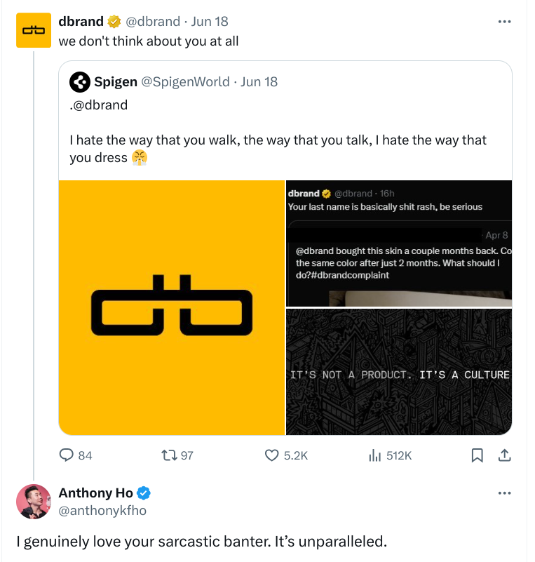 Screenshot of dbrand banter on X, and a user responding to say they love the banter.
