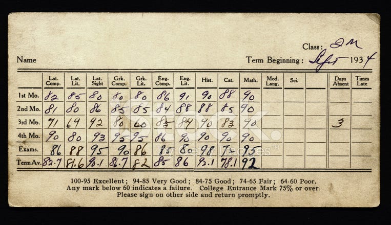 stock image of old report card, with many columns and numbers that make little sense.