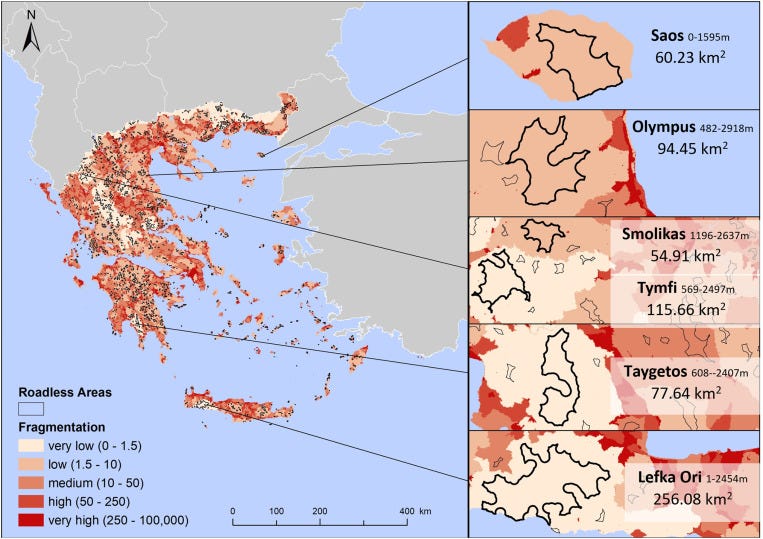 The 2020 Greek roadless map with the six largest Roadfless areas highlighted in the insets, noting the mountain name, size and elevation range of each Roadless Area. (Map and figure description from “Conservation policy under a roadless perspective: Minimizing fragmentation in Greece”, Vasilliki Kati et al.)