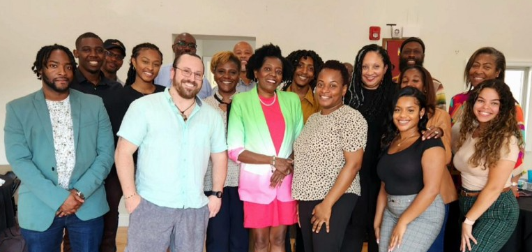 A group photo of about 20 Black journalists and editors, plus a white guy named Joe, at an event in South Jersey celebrating the work of the first round of SJIEP reporting fellows.