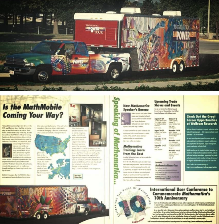 Old MathMobile magazine scan showing the path of truck with a trailer covered in math-related graphics