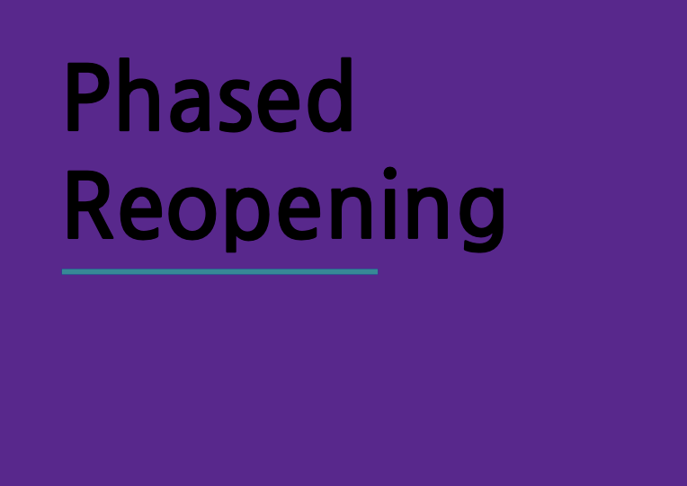 The words “Phased Reopening” in bold text on a NYU Violet background