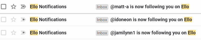 Gmail notifications that three different users started following me since March 2022