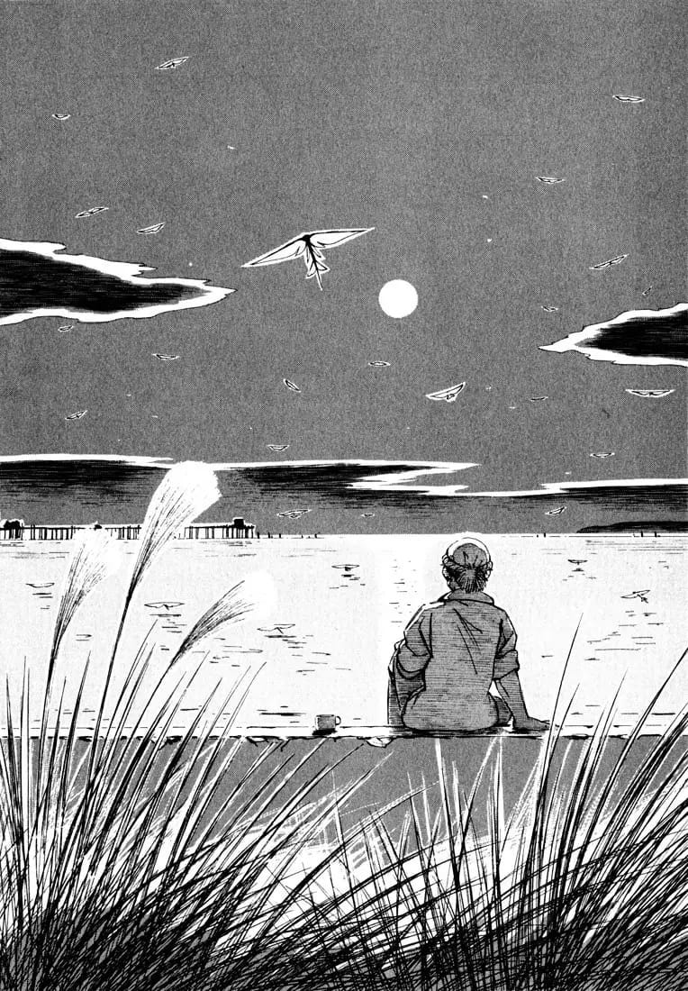 A guy staring at the midnight sea with a warm light from the moon. Panel from manga titled Yokohama Kaidashi Kikou.