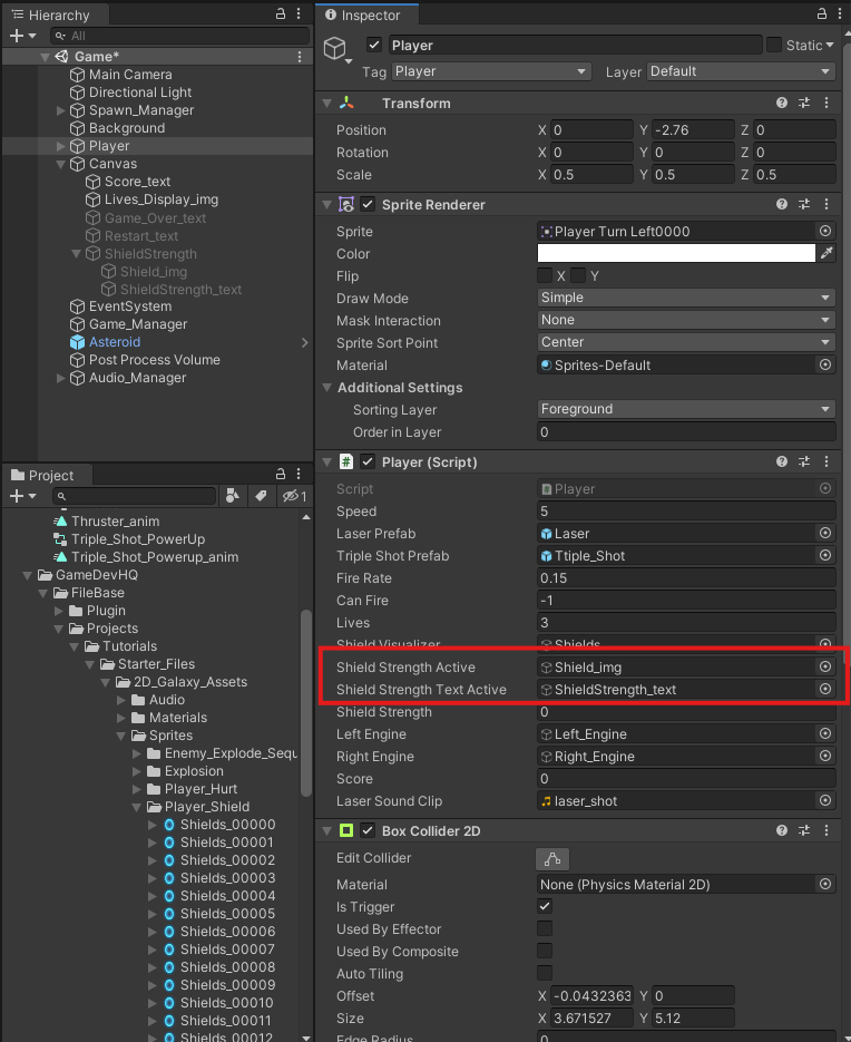 Screenshot of Unity hierarchy displaying the assigned variables