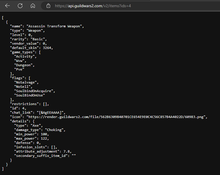 Screenshot of item data from GW2 API.