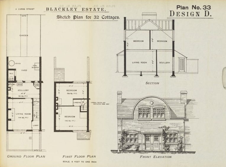 Housing plan showing two floor plans, a section view, and the front elevation of a new-style Corporation house.