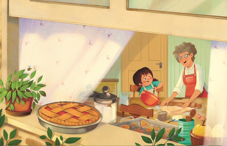 grandmother and little girl mixing batter and kneading dough with a pie cooling by the windowsill by Alessia Girasole (represented by mbartists)