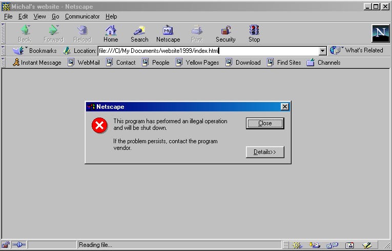 Screenshot of Netscape Navigator taken on Windows 98. Shows critical error caused by HTML syntax.