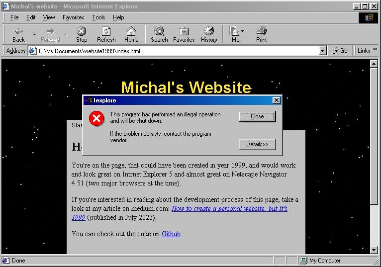 Screenshot of Internet Explorer taken on Windows 98. Shows critical error caused by JavaScript.