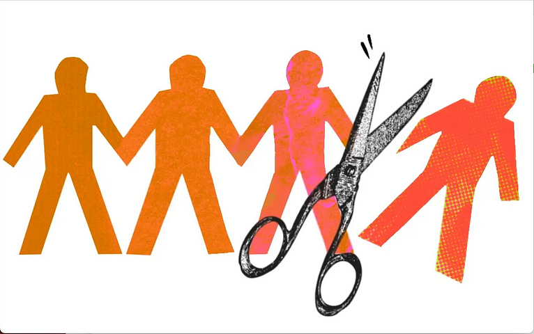 Image representing four orange human silouhettes on white background. The fourth silhouette is cut off from the first three by a big pair of grey metal scissors, and appears to be falling to the side.