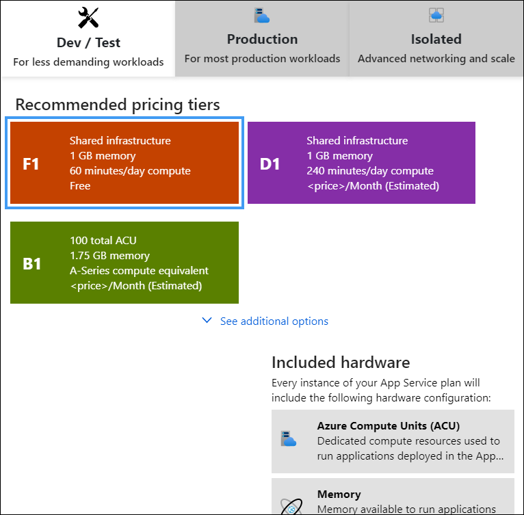 Image showing different App Service Plans in the Azure Portal
