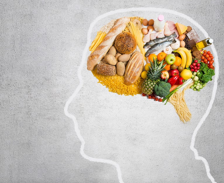A profile outline of a human head with various foods in place of a brain.
