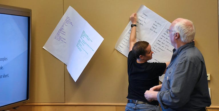 Photo of Ashley hanging our table’s list on the wall as Marc looks on. Photo courtesy Jack Moffett and IxDA Pittsburgh.