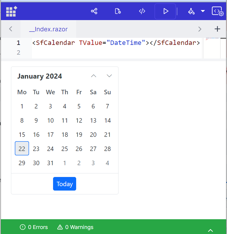 Rendering a Syncfusion Blazor component using user guide code in Playground app