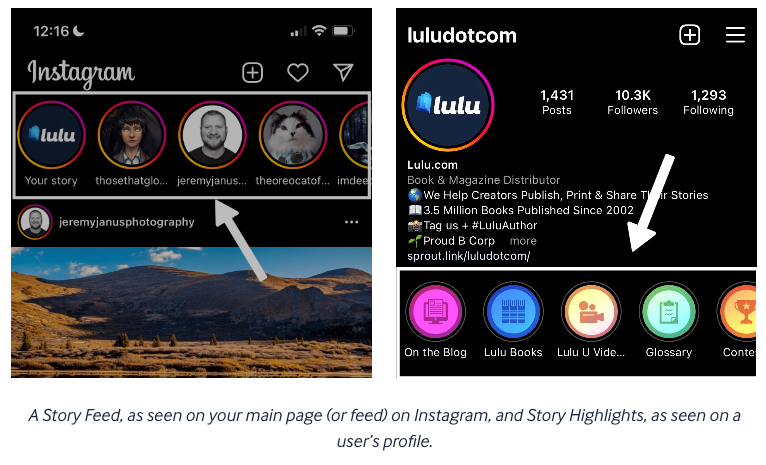 A Story Feed, as seen on your main page (or feed) on Instagram, and Story Highlights, as seen on a user’s profile.