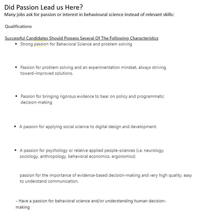 A list of job description requirements that ask for a passion for behavioural design and related areas.