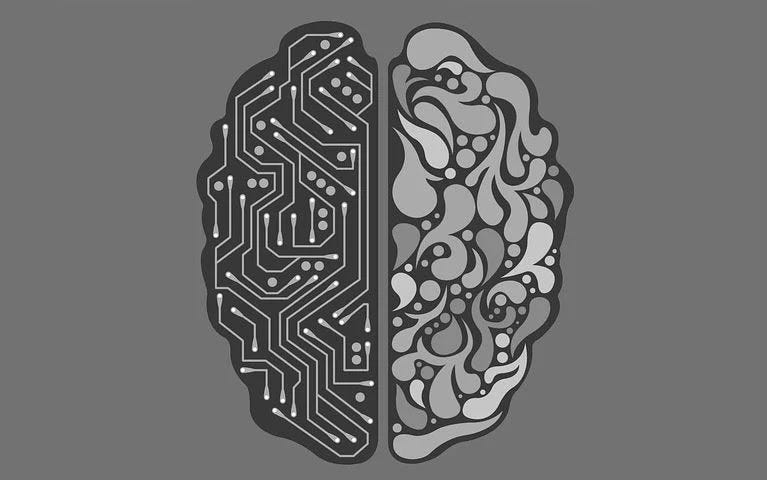 A black and white picture of a brain divided into 2 parts. Left part shows circuit connections and right part shows creative art patterns.