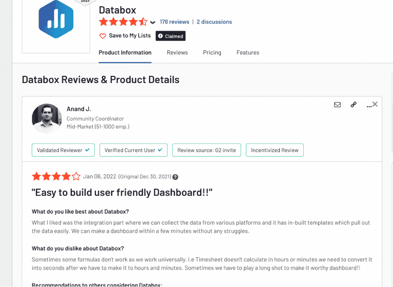 Databox reviews on G2