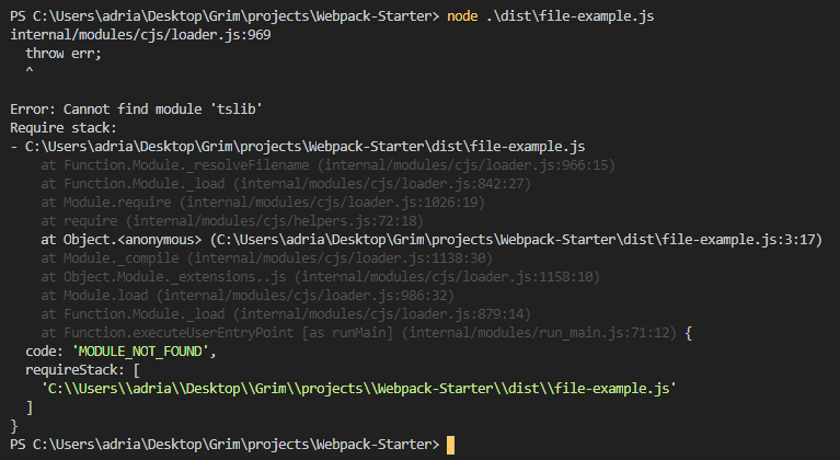 A screenshot representing a failed module request in Yarn Modern comiled JavaScript.
