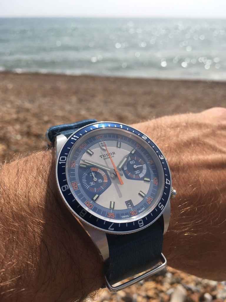 Tudor Heritage Chrono ‘Monte Carlo’ Blue on the beach.