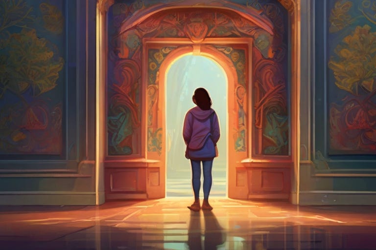An enchanting digital illustration capturing a person standing in front of an open door, representing the opportunity that mentorship brings. The doorway is adorned with intricate designs, inviting the readers to step into a world of learning and growth.