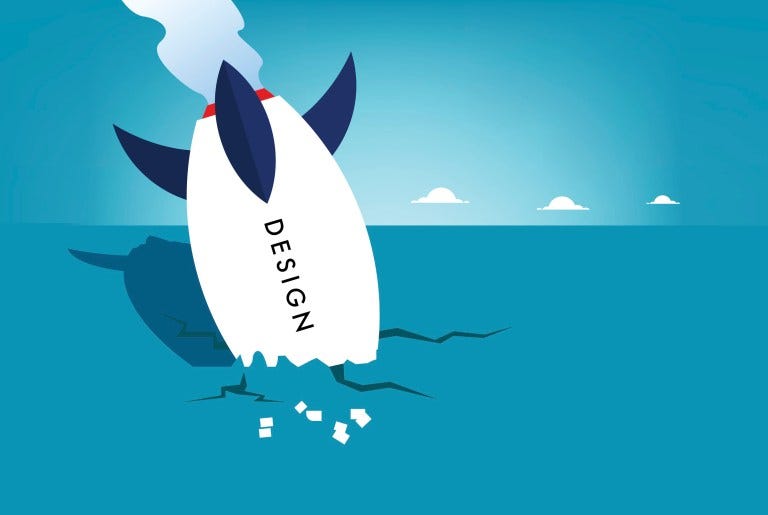 Illustration of a “Design” rocket crashing into the ground symbolizing the failure of corporations to launch design broadly in organizations.