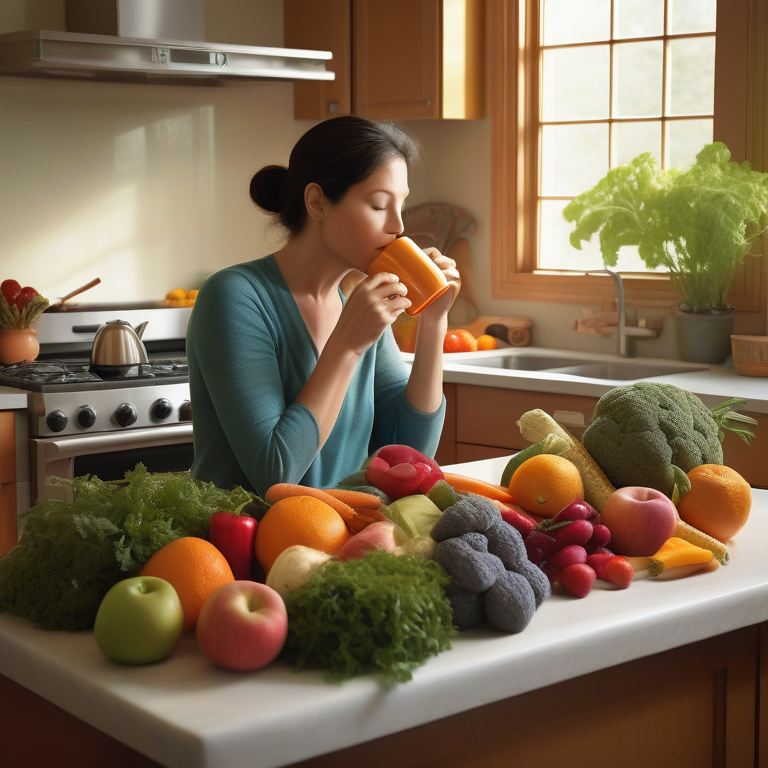 A woman enjoying herbal tea surrounded by a bounty of fresh produce, symbolizing natural diabetes management.