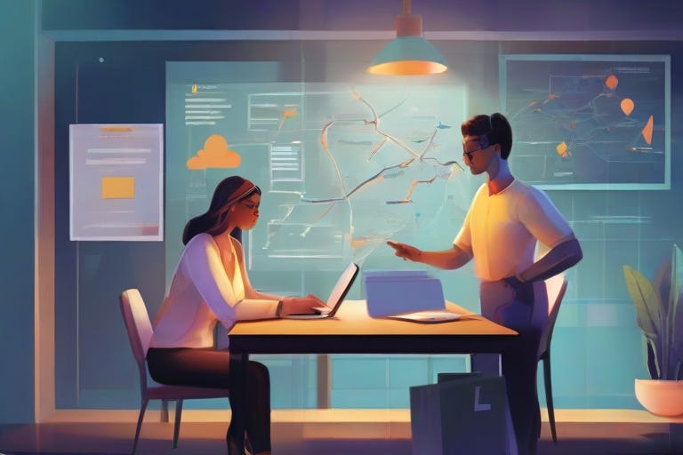 An illustration depicting a mentor and mentee sitting at a desk, surrounded by documents and a roadmap charting their goals. The artwork visually represents their clear and aligned mentoring objectives.