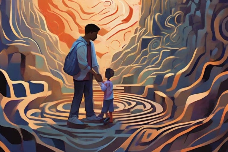 A digital illustration showcasing a mentor and mentee walking through a maze of obstacles, symbolizing the challenges in personal and professional life.