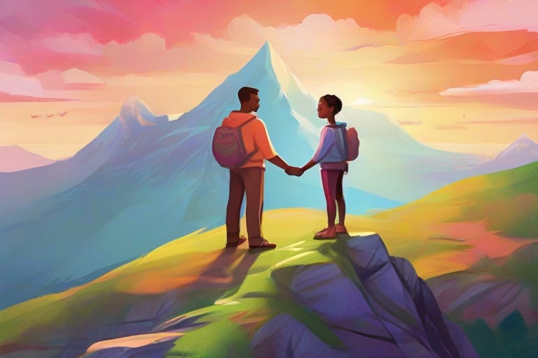 A digital illustration featuring a mentor and mentee standing together on a mountaintop, symbolizing their shared journey toward success.