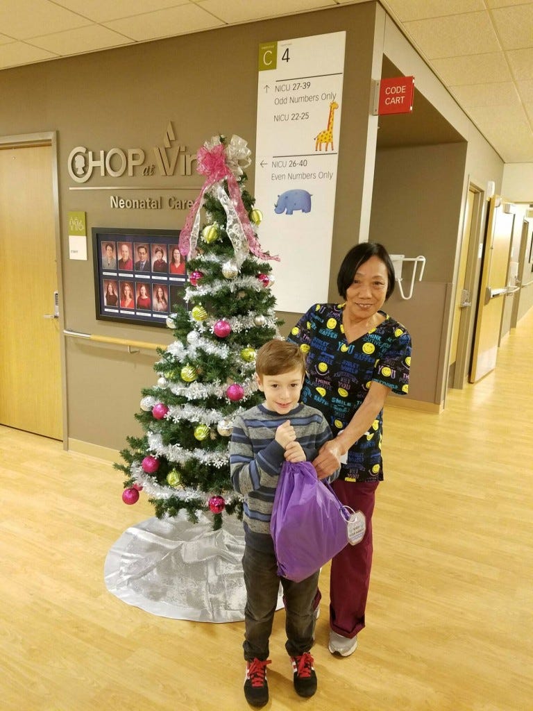 A member of the MOMS Club of Medford’s son, who was born at 27 weeks 6 years ago and was a graduate of the NICU, helped his mother deliver the bags to the Virtua Voorhees NICU last week.