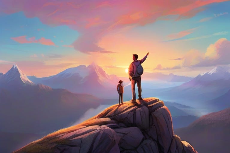 A captivating illustration showcasing a mentor and mentee standing on top of a mountain peak, overlooking a breathtaking sunset. The mentor is pointing towards the horizon, symbolizing the path to success, while the mentee is filled with determination and eagerness.