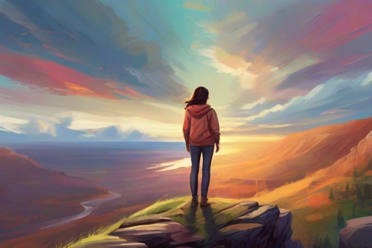 A captivating digital illustration of a person standing at the edge of a cliff, overlooking a vast and breathtaking landscape.