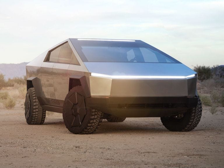 Image of a Tesla Cybertruck parked in a deserted area.