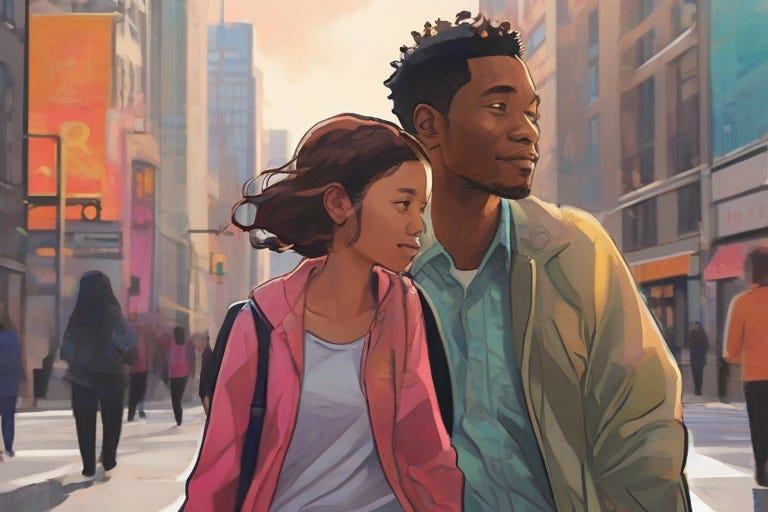 An inspiring digital illustration showcasing a mentor and mentee walking on a vibrant city street. The mentor, portrayed with a confident and kind expression, guides the mentee through the urban maze, offering valuable insights and advice.