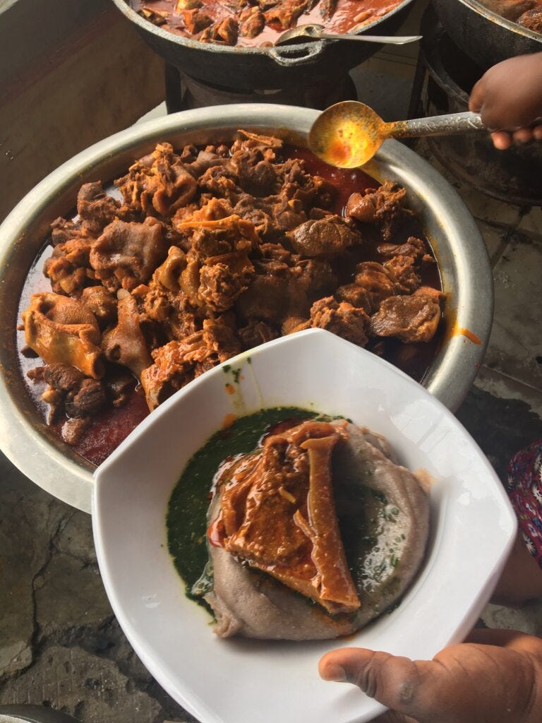 Amala: A Popular traditional Yoruba dish. It is produced with unripe plantain flour, yam flour, and/or cassava flour. It may be accompanied by a variety of soups, including efo, ilá (Okra), ewédu, ogbono, and/or gbegiri (black-eyed beans soup) and fish, beef, or chicken.