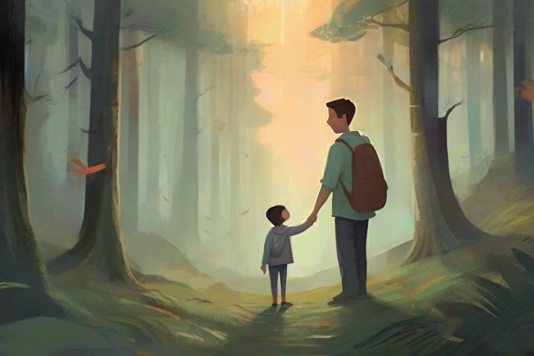 An evocative illustration symbolizes the support and motivation found through the mentor. The artwork features a mentor leading their mentee through a dense forest, with a reassuring smile.