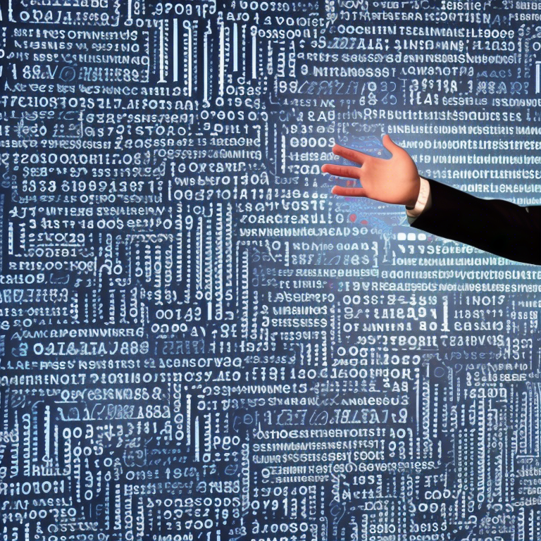 Handwaving politician in front of a wall of numbers / code
