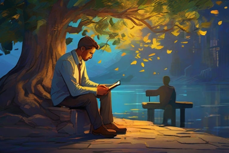 An exquisite digital illustration capturing the essence of mentorship. The scene portrays a wise mentor sitting under a flourishing tree, sharing his wisdom with a young mentee.