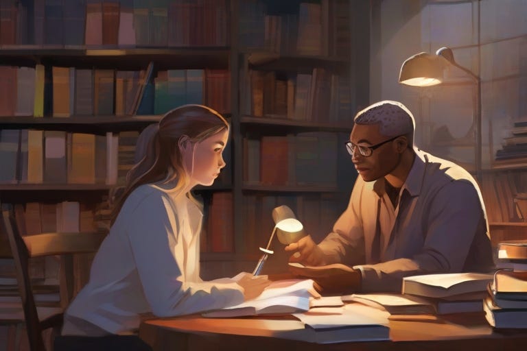 An illustration depicting a mentor and mentee engrossed in a deep conversation. The artwork showcases their exchange of valuable insights and real-life experiences.